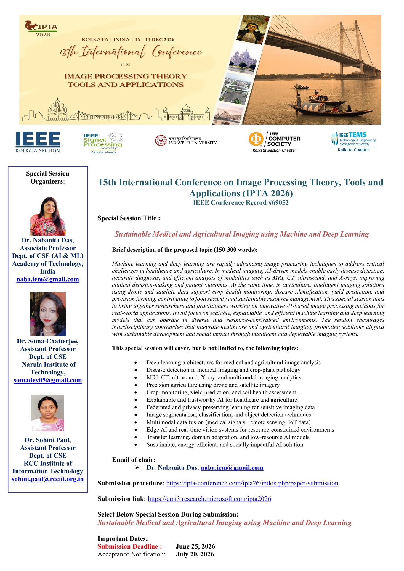 15th International Conference on Image Processing Theory, Tools and Applications (IPTA 2026) poster for a special session on Sustainable Medical and Agricultural Imaging using Machine and Deep Learning in Kolkata.