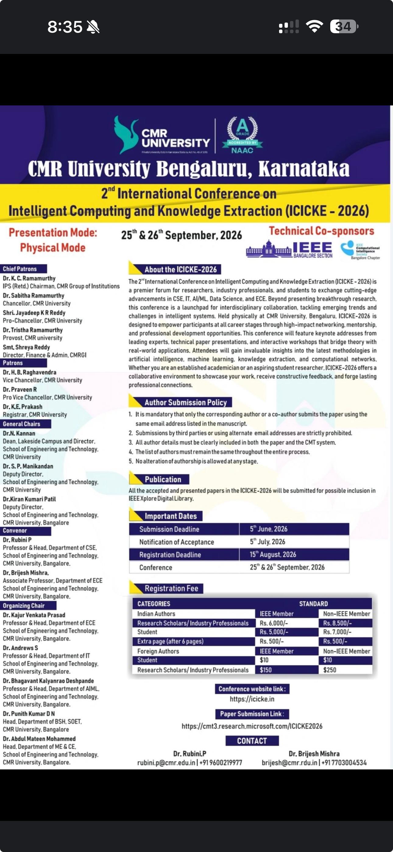 Poster for the 2nd International Conference on Intelligent Computing and Knowledge Extraction (ICICKE - 2026) at CMR University Bengaluru, held physically on 25-26 September 2026.
