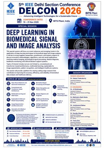 Poster for the 5th IEEE Delhi Section Conference (DELCON 2026) featuring a special session on Deep Learning in Biomedical Signal and Image Analysis at BITS Pilani.