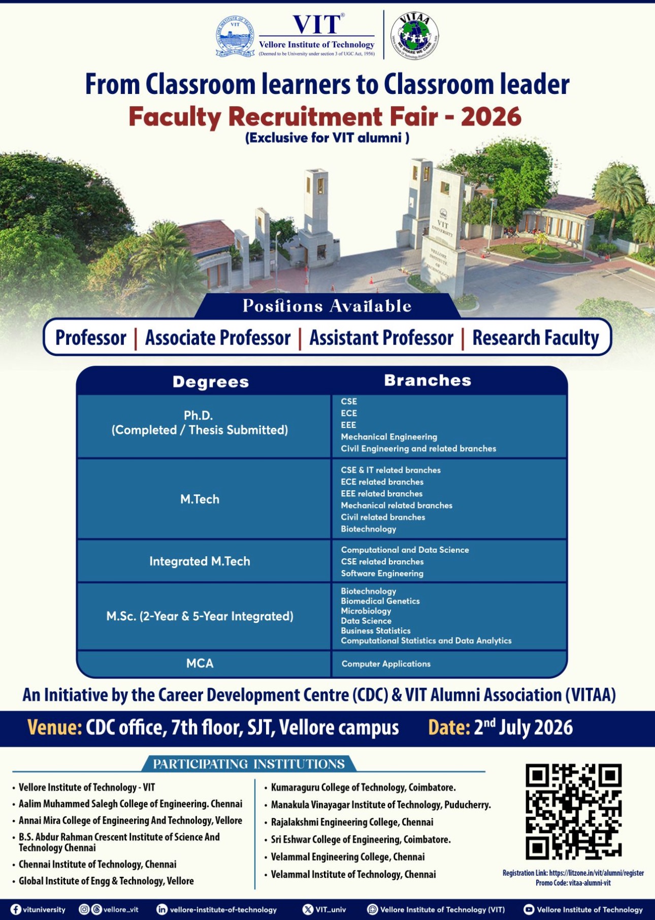 VIT Faculty Recruitment Fair 2026 poster for VIT alumni featuring a walk-in drive on 2nd July 2026 at the CDC office, Vellore campus with multiple participating institutions.